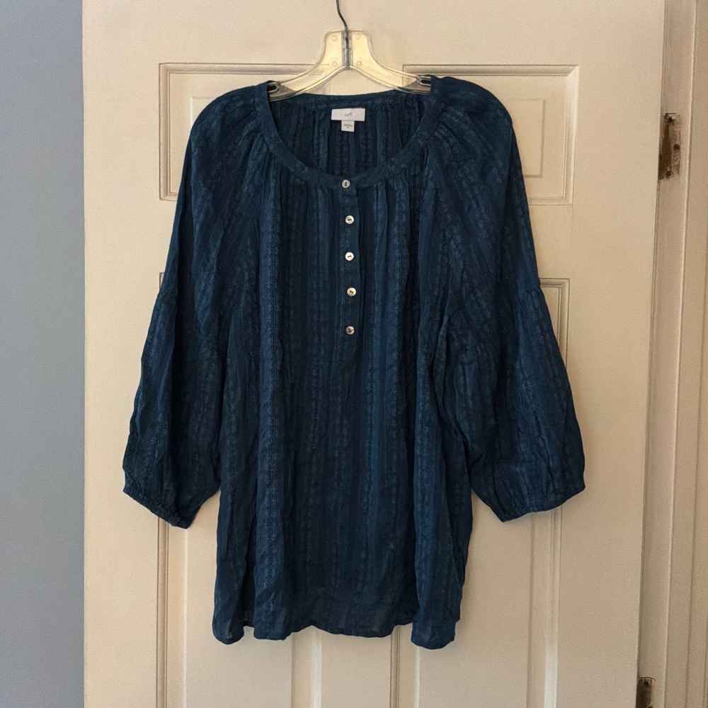 J. Jill Teal Embroidered Button Front Blouse Boho Peasant Top 2X Blue
